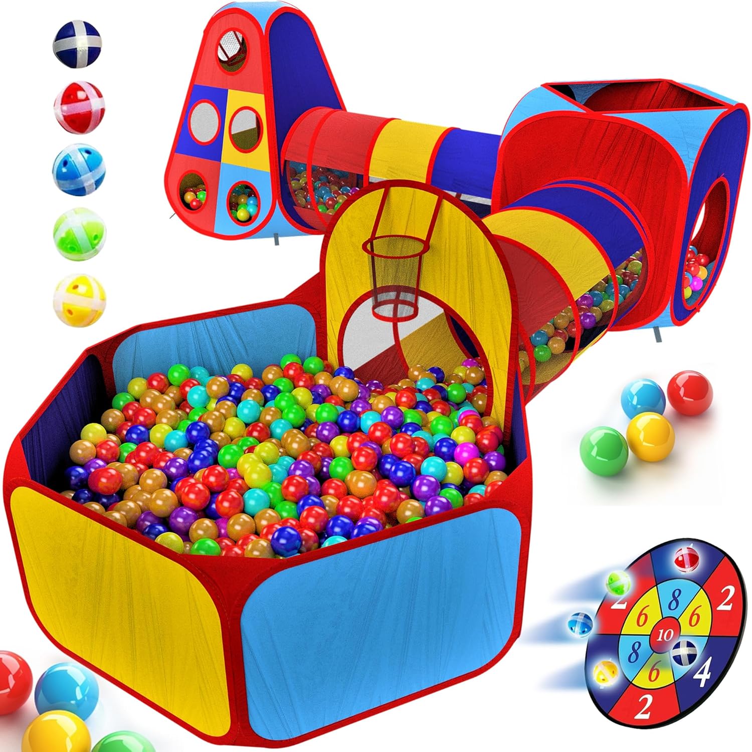 Playz 5pc Kids Play Tents  Tunnels - Ball Pit for Toddlers, Basketball Hoop, Crawling Tubes, Pop-Up Playhouses, Baby Obstacle Course for Indoor or Outdoor Use