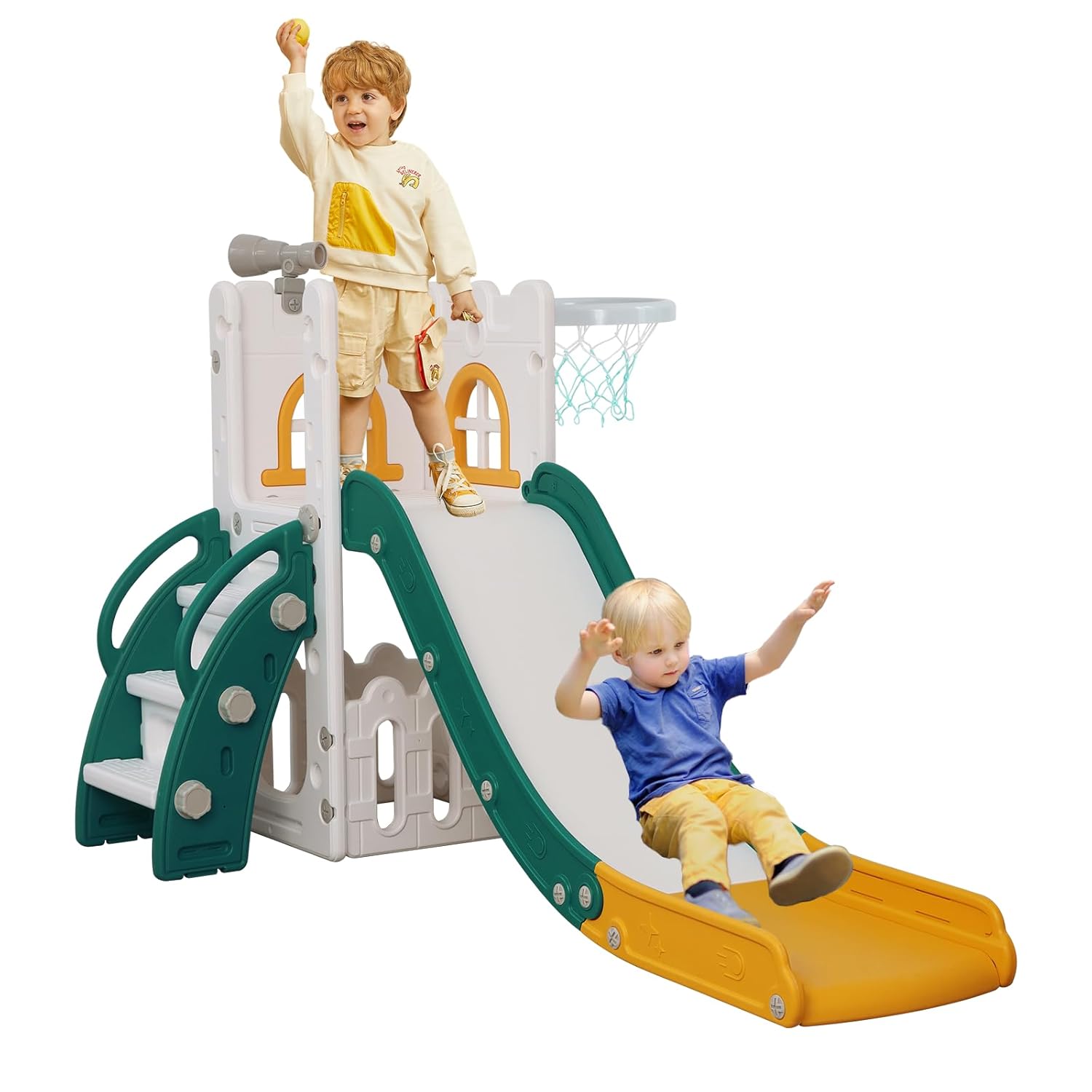 6 in 1 Toddler Slide,Kids Climber Slider for Indoor Outdoor Playground with Basketball Hoop,Storage and Telescope,L Shaped Slide for Toddler Climber Playset 6 in 1 Toddler Slide,Kids Climber Slider for Indoor Outdoor Playground with Basketball Hoop,Storage and Telescope,L Shaped Slide for Toddler Climber Playset