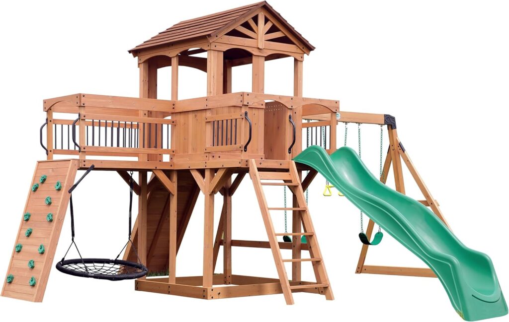 Backyard Discovery Sterling Point Cedar Wood Swing Set with Wave Slide, Raised Clubhouse, Wooden Bridge, Rock Wall, Belt Swings, Web Swing, Trapeze, Balcony, Climbing Wall, Ladder, Outdoor Playset