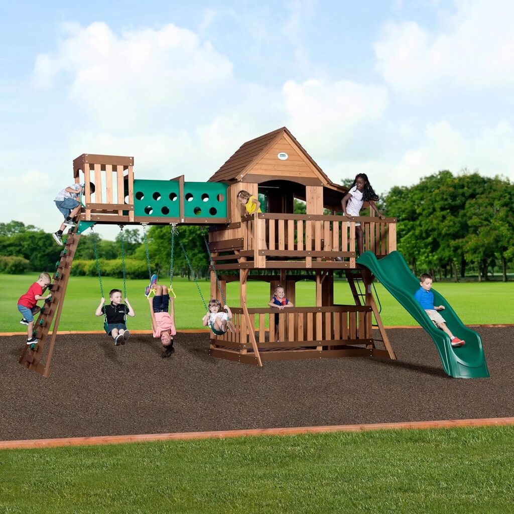 Backyard Discovery Woodridge Elite Cedar Wood Swing Set with Wave Slide, Clubhouse, Crawl Tunnel, Crows Nest, Belt Swings, Trapeze, Rock Wall Ladder, Sandbox, Wrap-Around Porch, Deck, Outdoor Playset