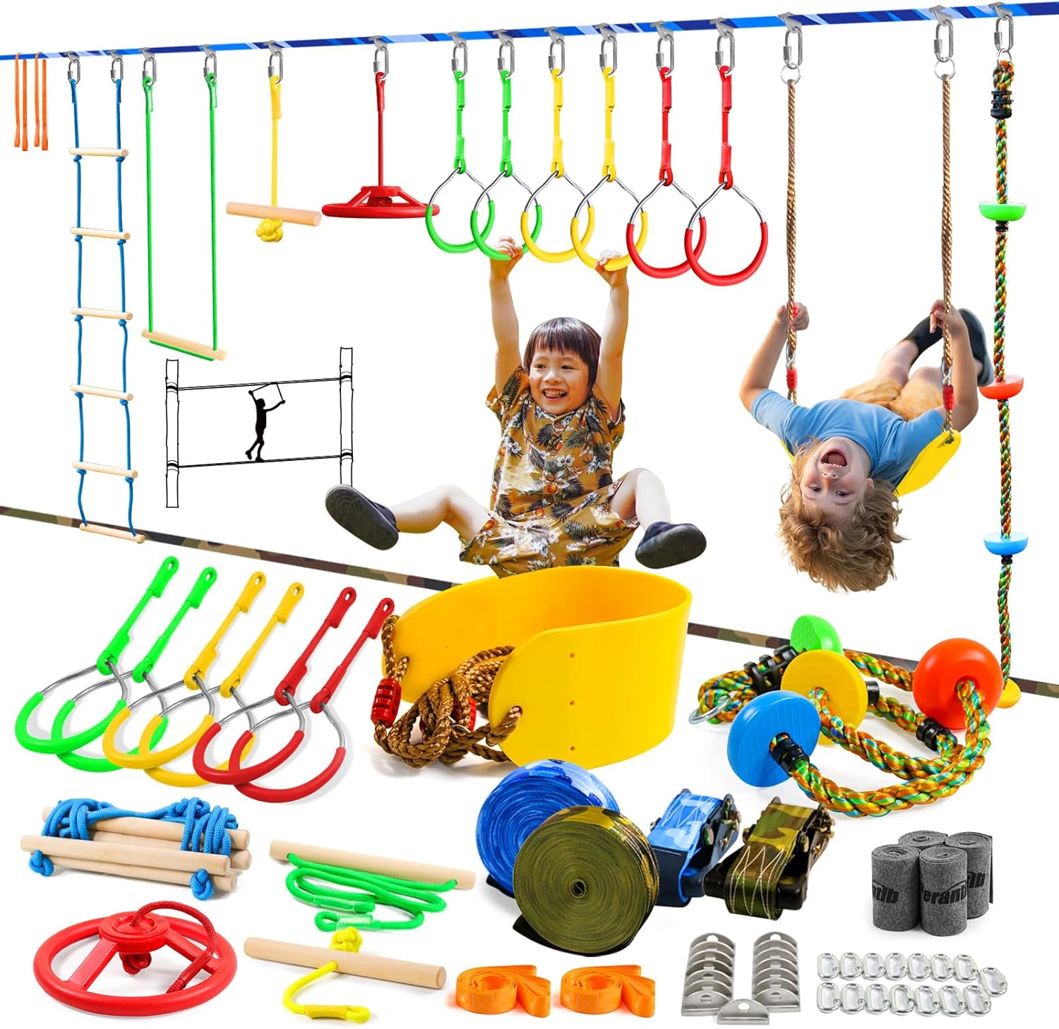 Ninja Warrior Obstacle Course for Kids-Playground Fitness Equipment Ninja Slackline with Multiple Accessories for Kids,Contain Swings,Rope ladders,Rings,Ninja Couse for Kids Outside (2x56ft) Ninja Warrior Obstacle Course for Kids-Playground Fitness Equipment Ninja Slackline with Multiple Accessories for Kids,Contain Swings,Rope ladders,Rings,Ninja Couse for Kids Outside (2x56ft)