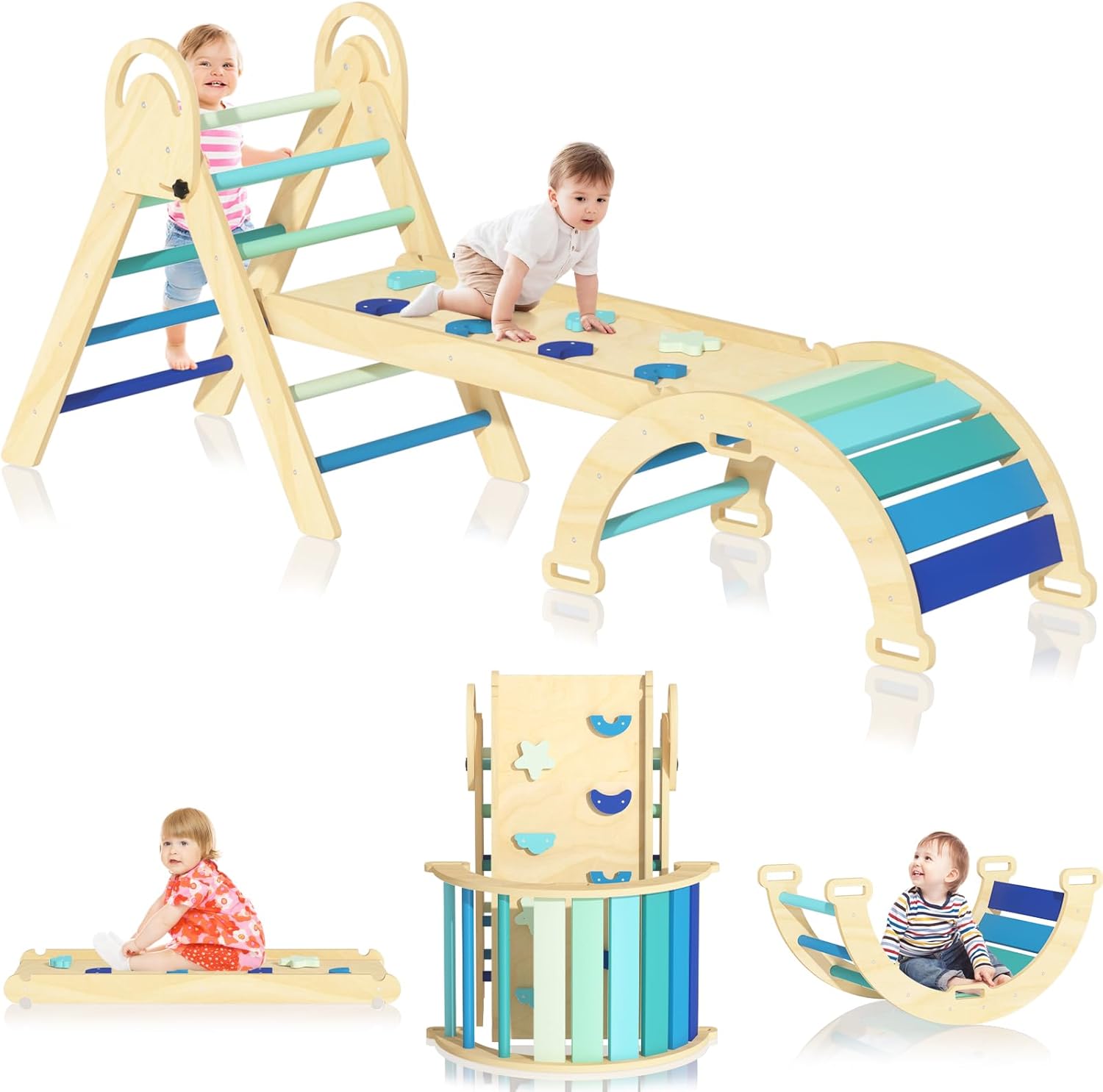 Pikler Triangle Set, Montessori Climbing Set, Baby Climbing Playset Toys Indoor, Jungle Gyms for Toddlers Ages 1-4, Toddler Climbing Playground (Blue-Nature)