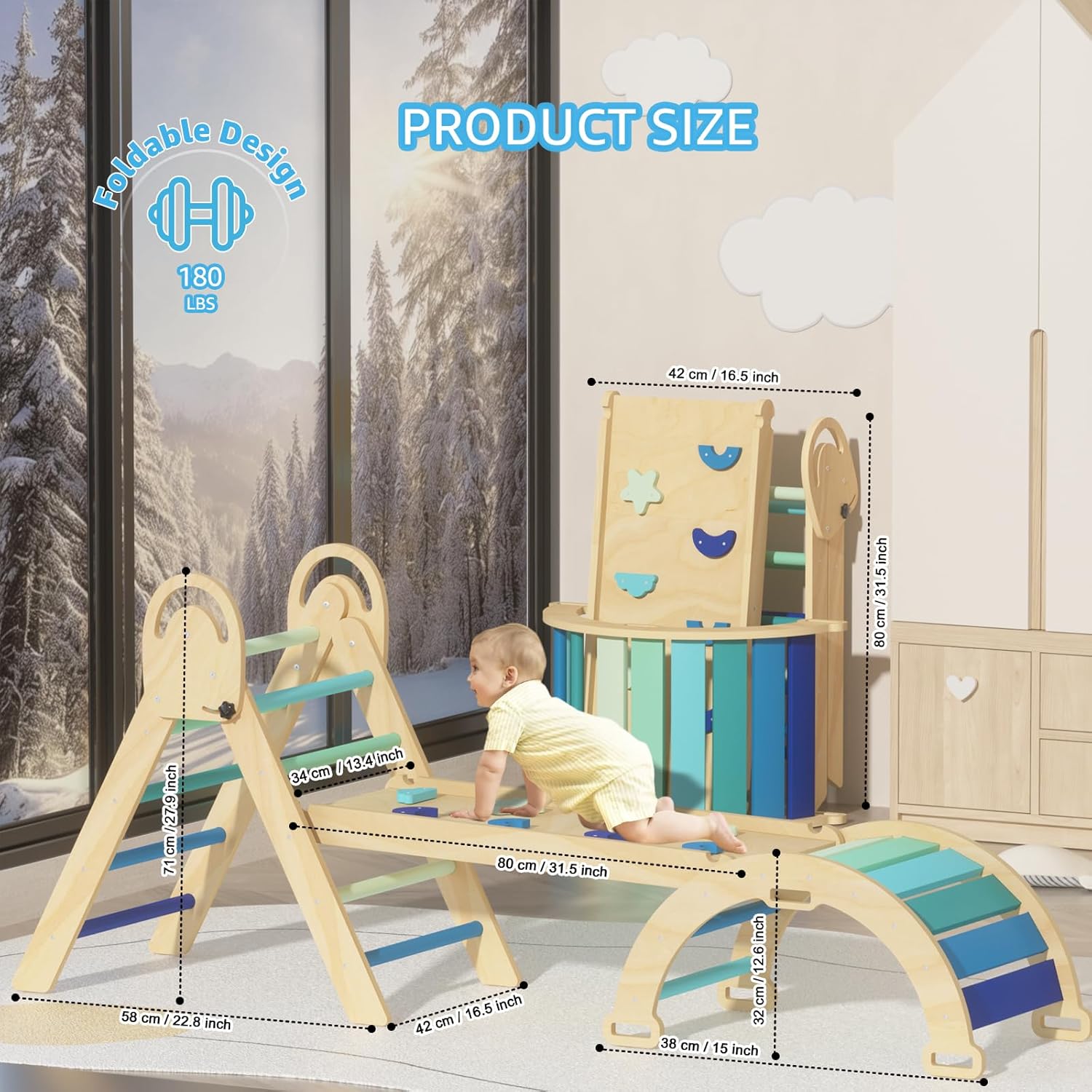 Pikler Triangle Set, Montessori Climbing Set, Baby Climbing Playset Toys Indoor, Jungle Gyms for Toddlers Ages 1-4, Toddler Climbing Playground (Blue-Nature)