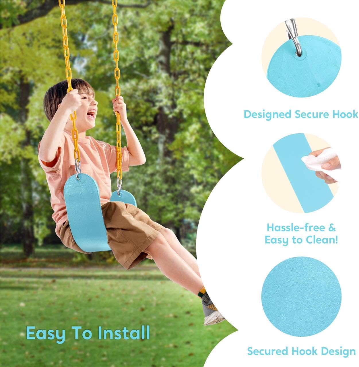 TURFEE Heavy Duty Swing Seat Green Color with 66” Chain, Swing Set Accessories Replacement with Snap Hooks for Kids Outdoor Play Playground TURFEE Heavy Duty Swing Seat Green Color with 66” Chain, Swing Set Accessories Replacement with Snap Hooks for Kids Outdoor Play Playground