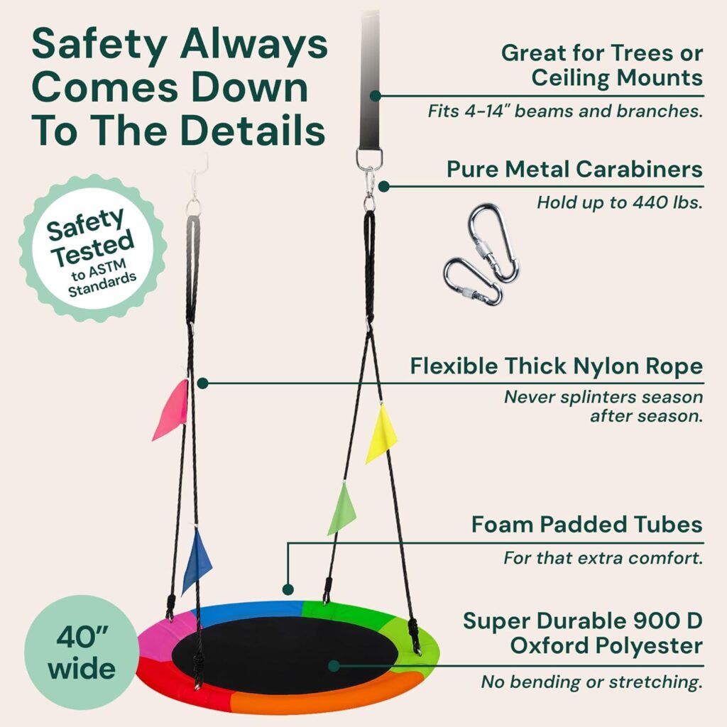 PLAYVIBE 40 Saucer Swing for Kids - Gifts Idea for Playroom - Indoor or Outdoor Round Tree Swing with 440 lb Capacity - Multicolor 600D Oxford Fabric Seat Adjustable Ropes, Straps  Carabiners