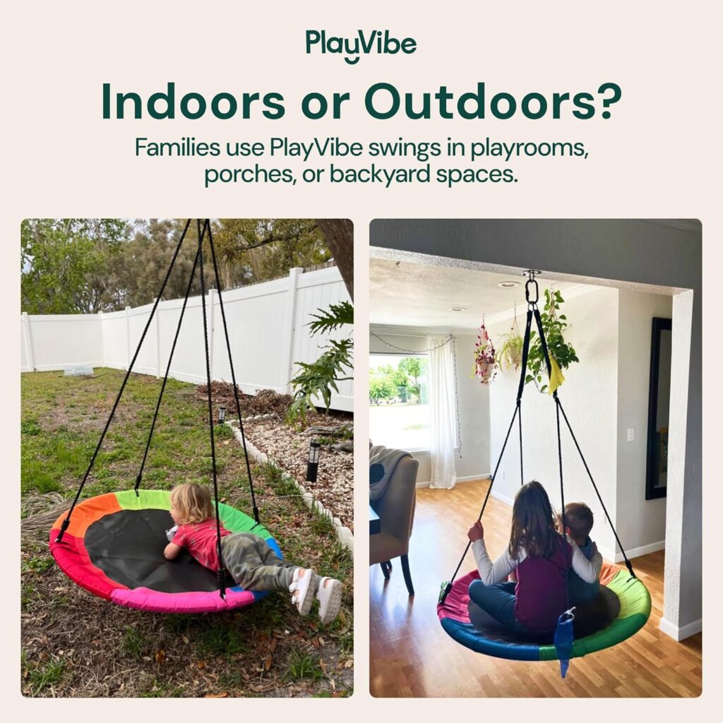 PLAYVIBE 40 Saucer Swing for Kids - Gifts Idea for Playroom - Indoor or Outdoor Round Tree Swing with 440 lb Capacity - Multicolor 600D Oxford Fabric Seat Adjustable Ropes, Straps  Carabiners
