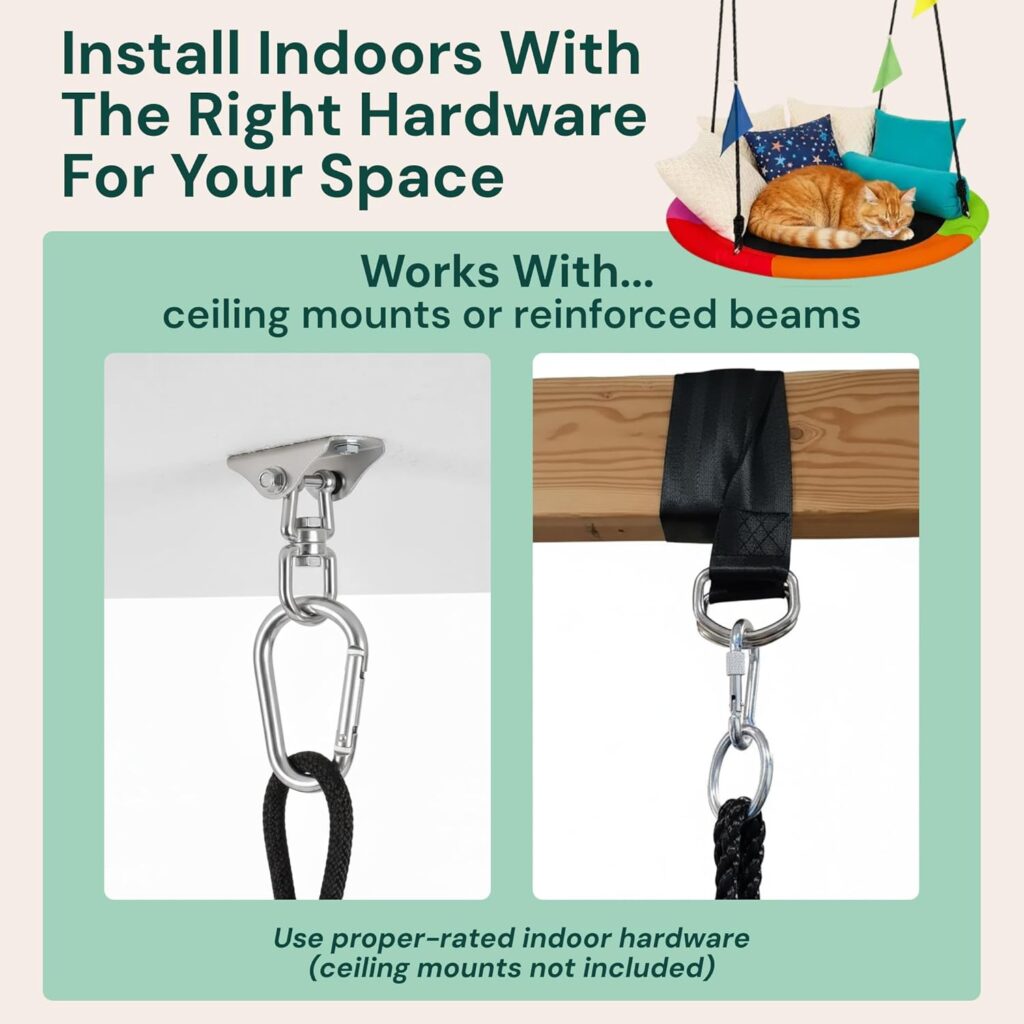 PLAYVIBE 40 Saucer Swing for Kids - Gifts Idea for Playroom - Indoor or Outdoor Round Tree Swing with 440 lb Capacity - Multicolor 600D Oxford Fabric Seat Adjustable Ropes, Straps  Carabiners