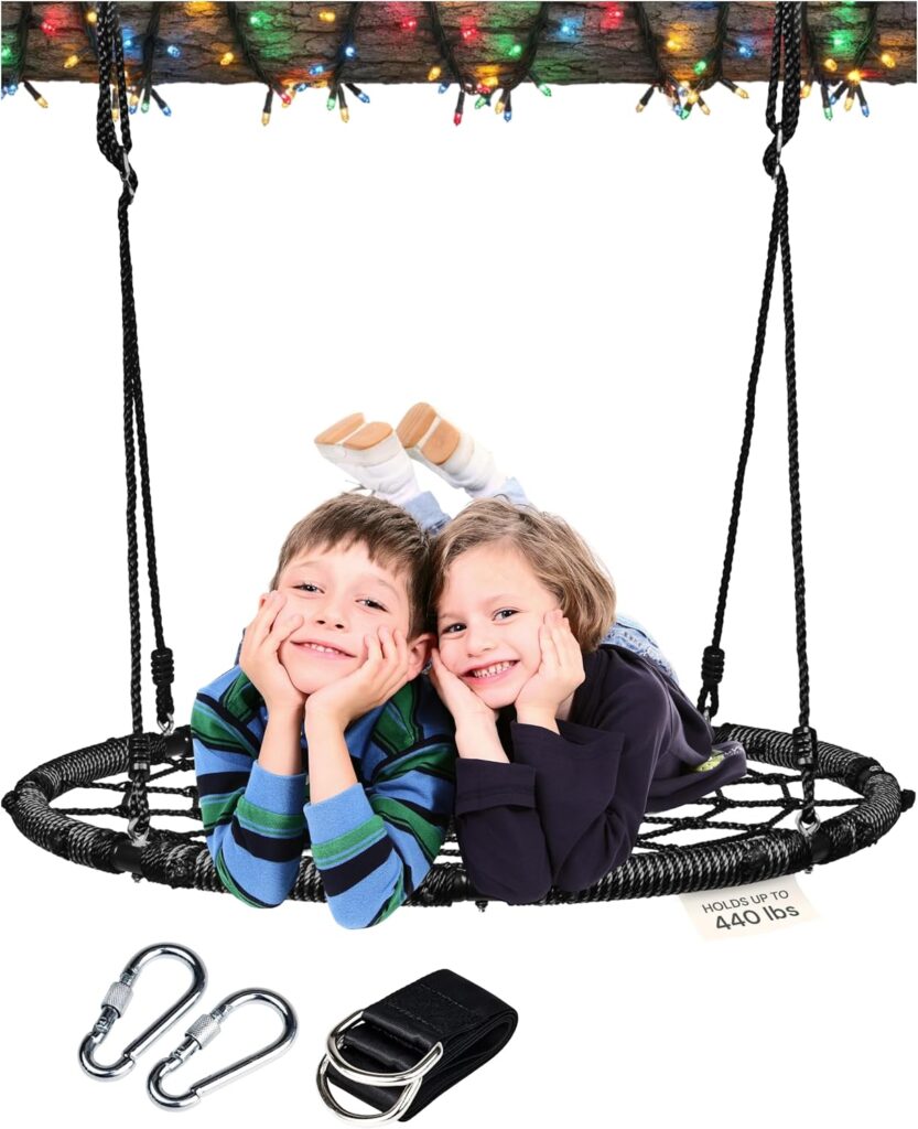 PLAYVIBE 40 Saucer Swing for Kids - Gifts Idea for Playroom - Indoor or Outdoor Round Tree Swing with 440 lb Capacity - Multicolor 600D Oxford Fabric Seat Adjustable Ropes, Straps  Carabiners