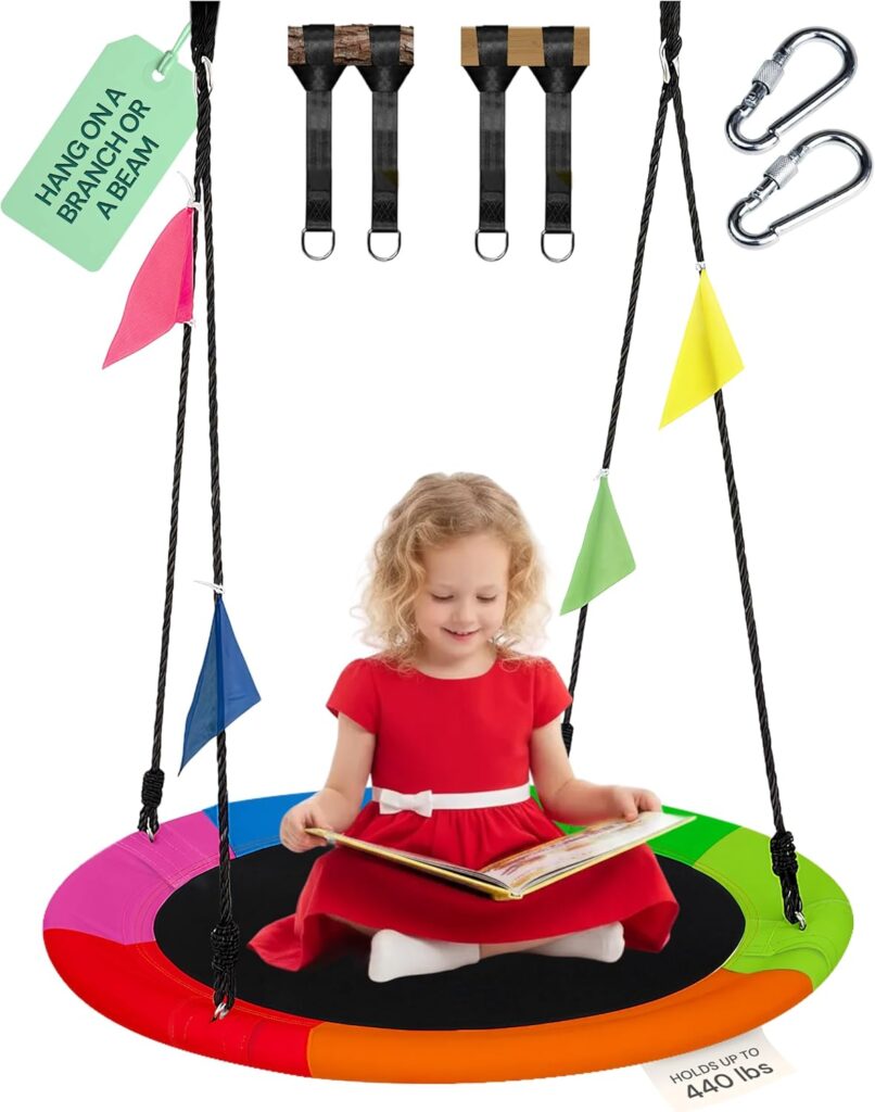 PLAYVIBE 40 Saucer Swing for Kids - Gifts Idea for Playroom - Indoor or Outdoor Round Tree Swing with 440 lb Capacity - Multicolor 600D Oxford Fabric Seat Adjustable Ropes, Straps  Carabiners