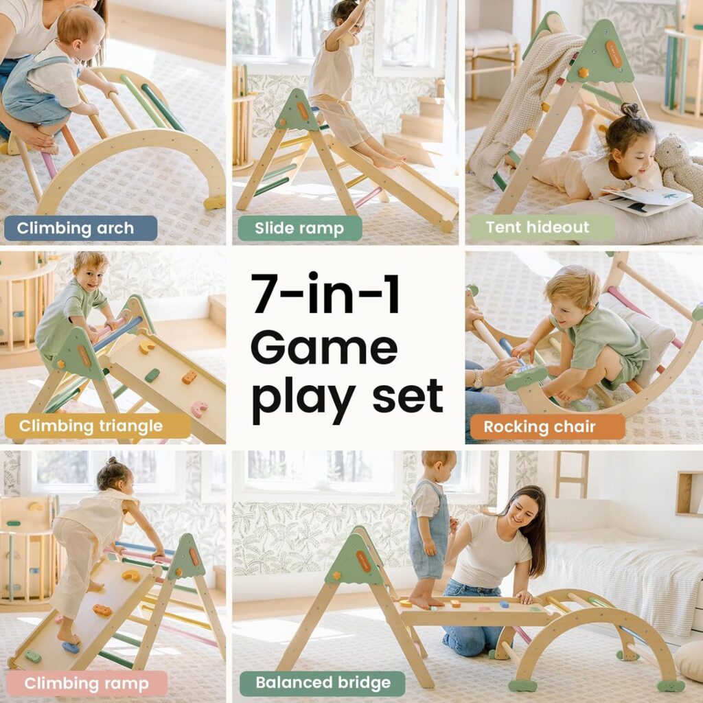 Tiny Land Pikler Triangle Set,7-in-1 Foldable Montessori Toddler Climbing Toys Indoor, Wooden Playground Jungle Gym for Kids, Climber Gift for Boys  Girls Toddler Climbing Toys (Morandi)